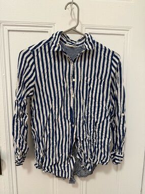 Women’s Navy and White Striped Button-Up Shirt